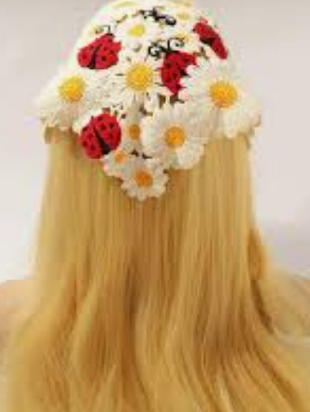Crochet Headscarf, Ladybug Daisy Motif, Handmade, Cottagecore